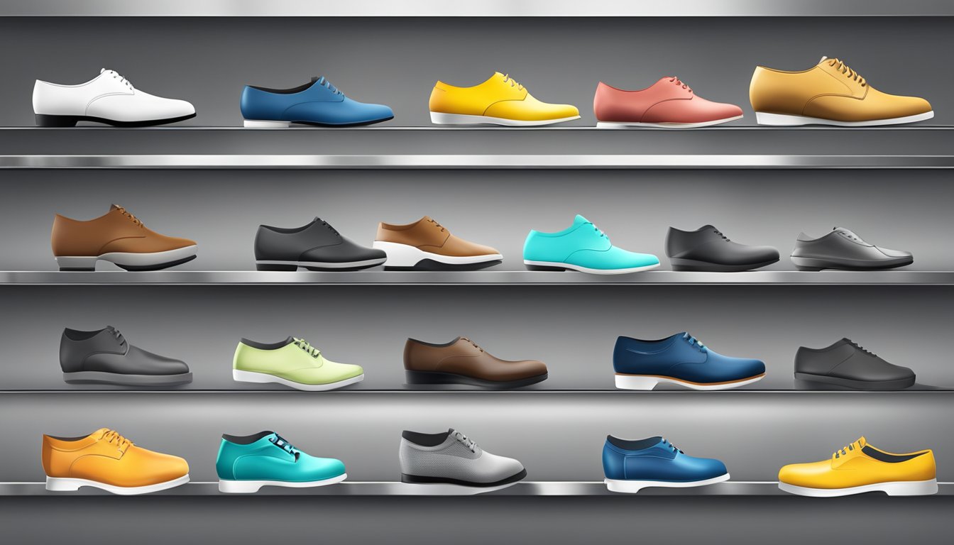 A row of sleek, non-slip kitchen shoes from top brands displayed on a clean, stainless steel countertop