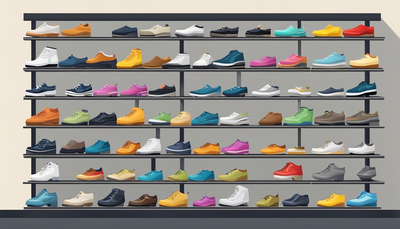 A variety of kitchen shoe brands displayed on shelves, with different styles and features for various needs