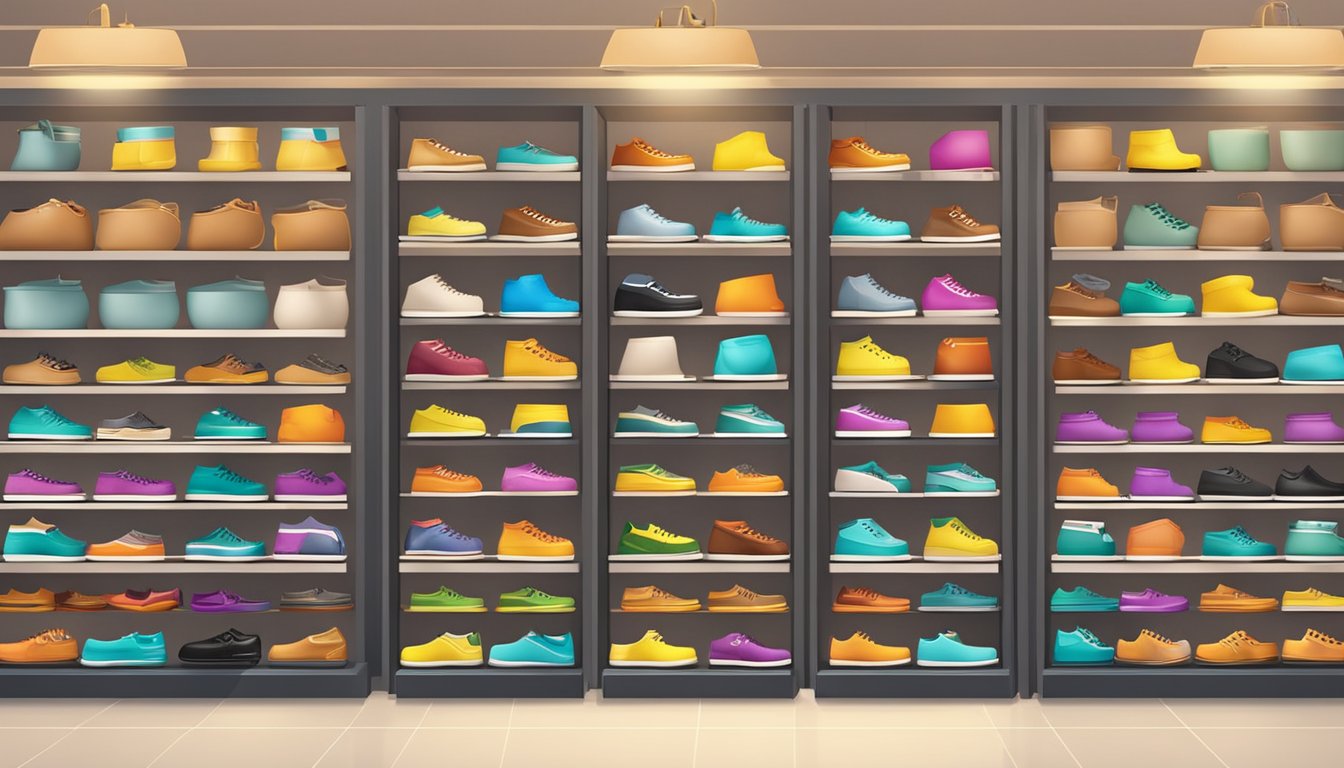 A display of various kitchen shoe brands on shelves in a store. Bright lighting highlights the different styles and colors available for purchase