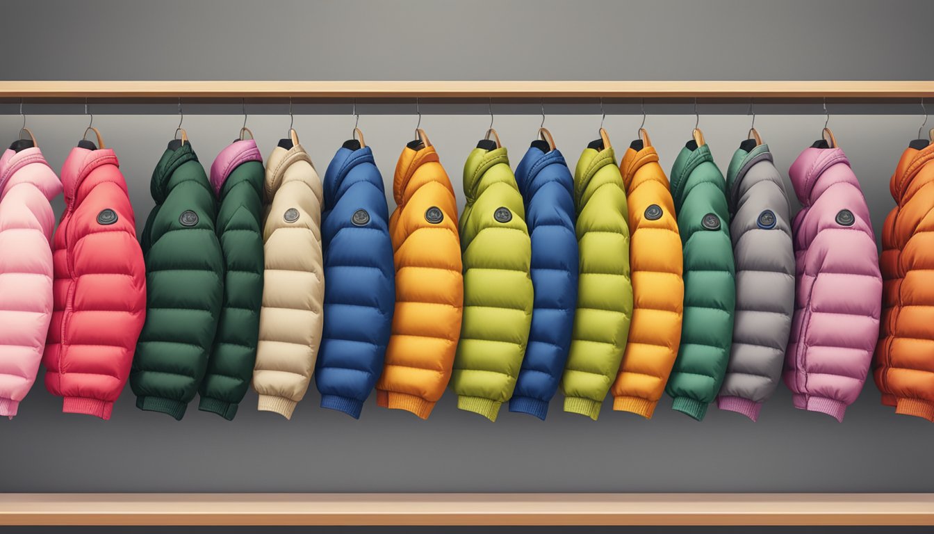 A row of colorful Korean down jackets displayed on shelves