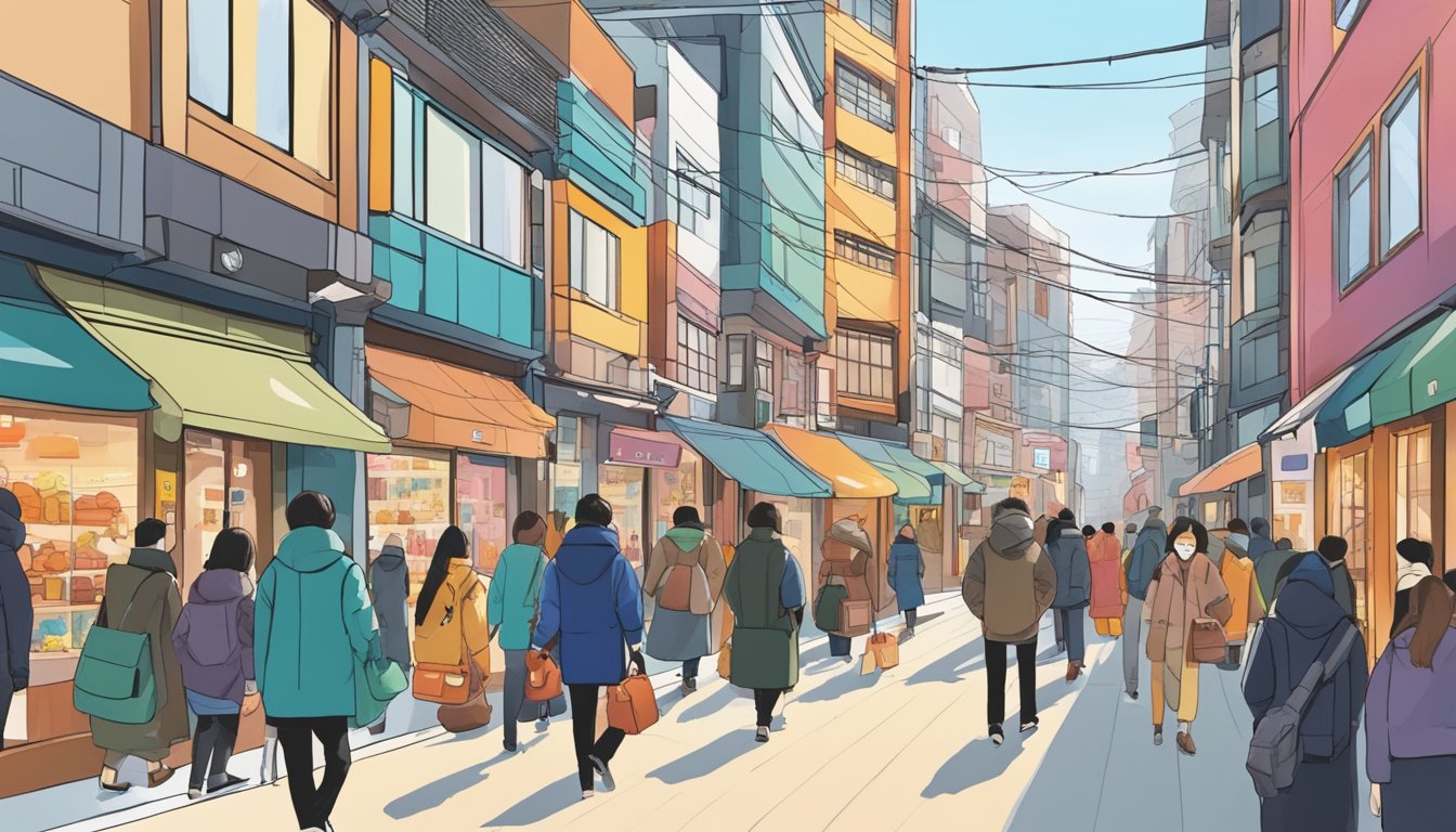 A bustling street in Seoul, with colorful storefronts displaying trendy Korean down jacket brands. Pedestrians admire the latest designs in the winter sun