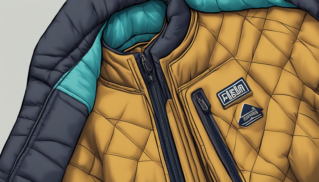 A close-up of a Korean down jacket showcasing its unique stitching, logo, and high-quality fabric
