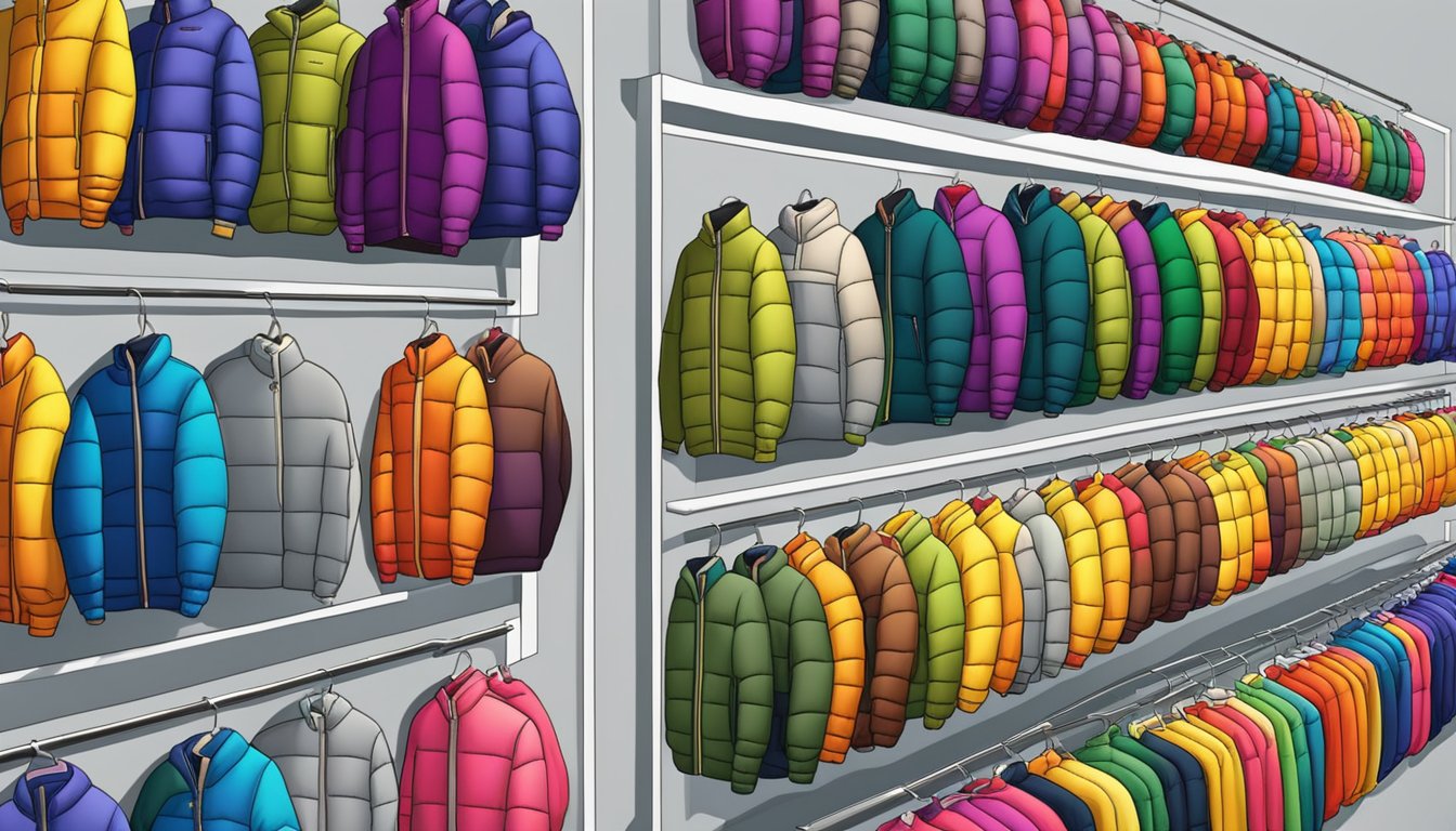 A row of colorful Korean down jackets hang on display, showcasing various brands and styles. The jackets are neatly arranged, with vibrant colors and sleek designs