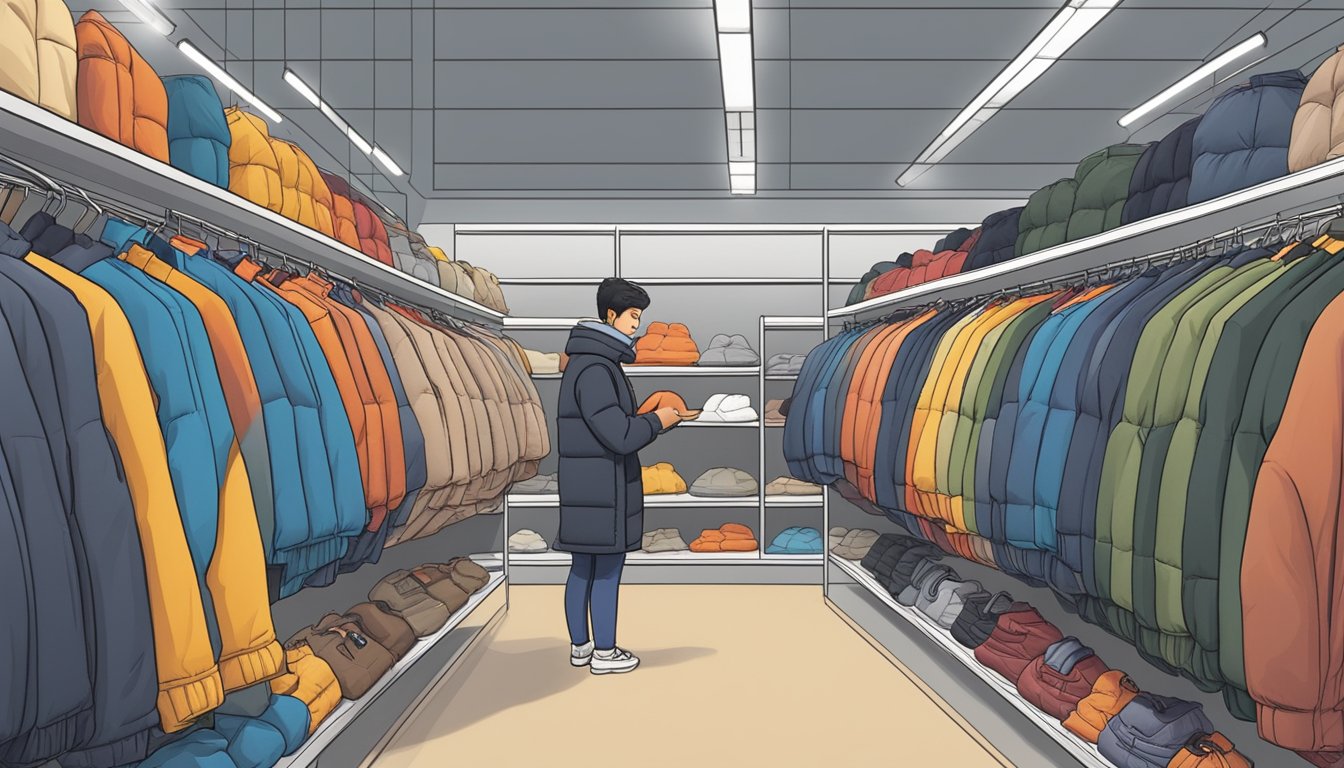 A person comparing various Korean down jacket brands in a store, examining insulation, weight, and durability