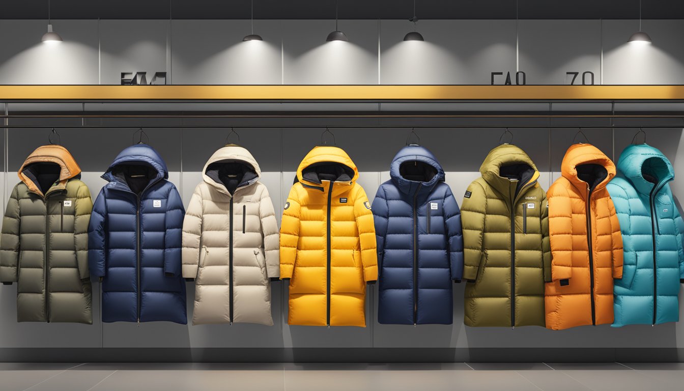 A display of various Korean down jacket brands with FAQ signs