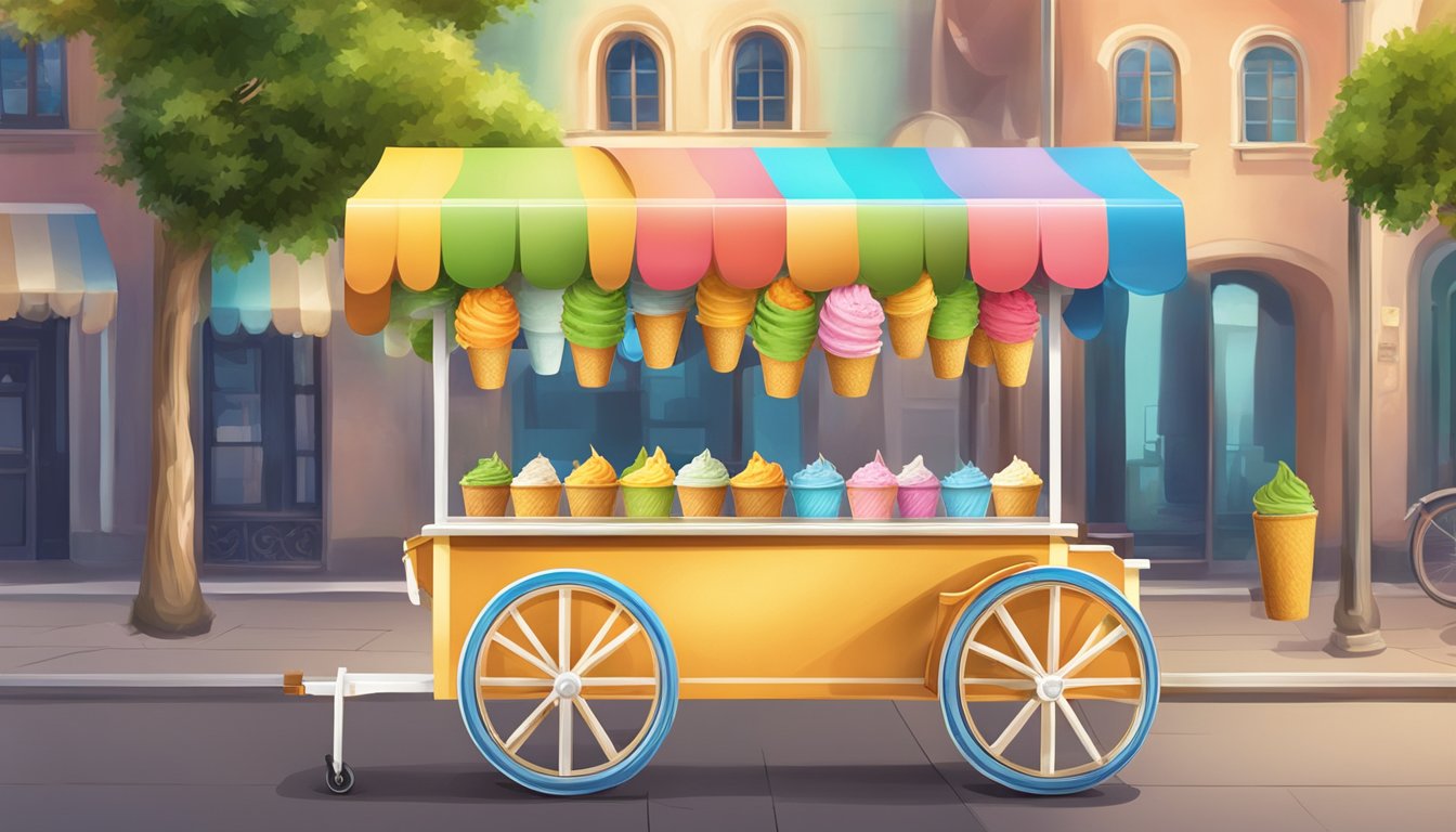 A colorful street vendor cart displays various flavors of kulfi ice cream brand