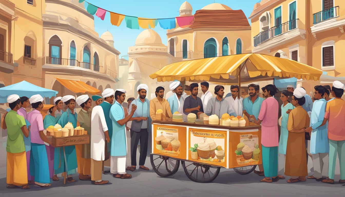 A group of people in traditional attire gather around a street vendor selling kulfi ice cream, with colorful banners and historical landmarks in the background