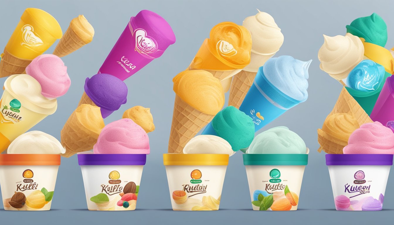 Various flavors of kulfi ice cream displayed on a colorful stand with the brand logo