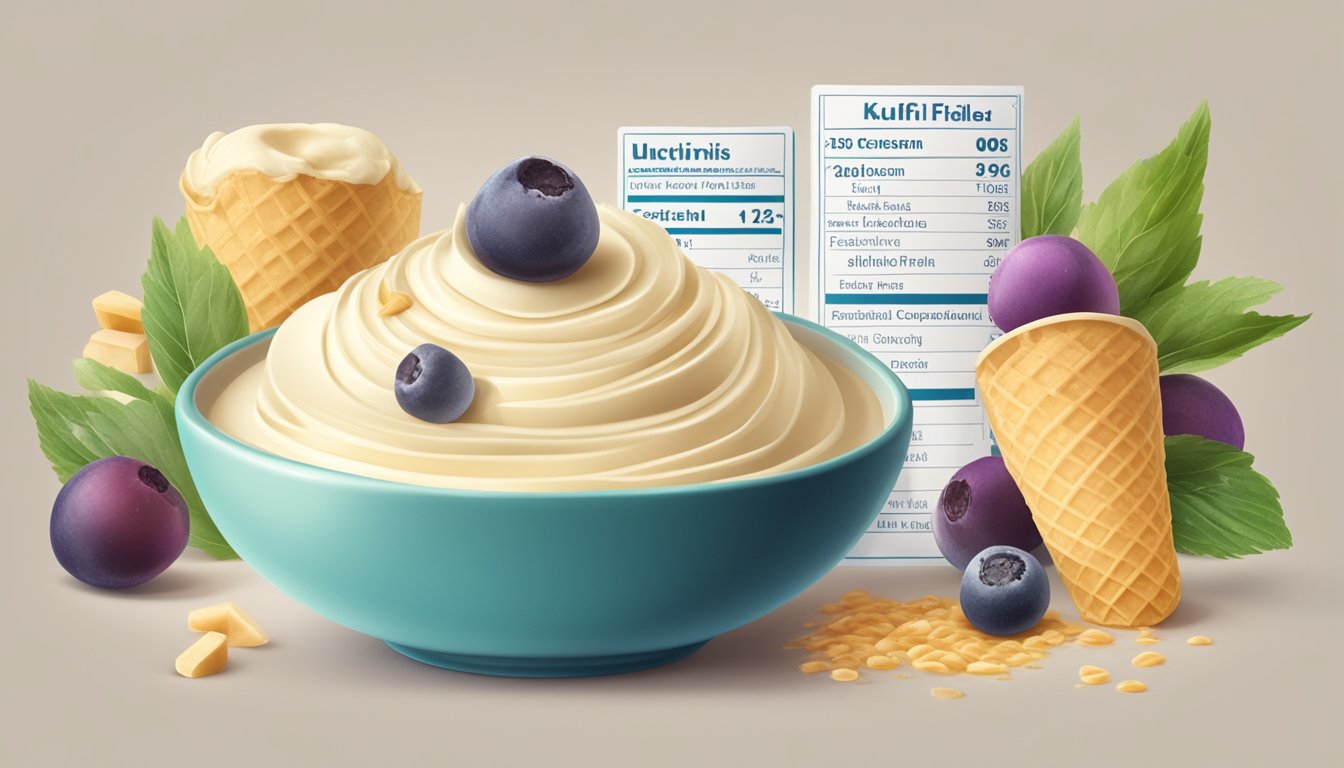 A table with a bowl of kulfi ice cream, surrounded by ingredients and a nutrition label