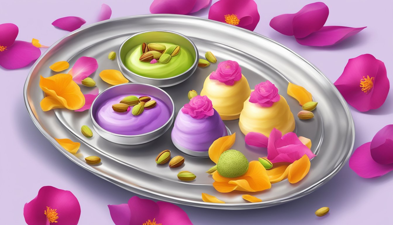 A silver platter holds three colorful kulfi ice cream desserts, garnished with pistachios and saffron, set on a bed of rose petals
