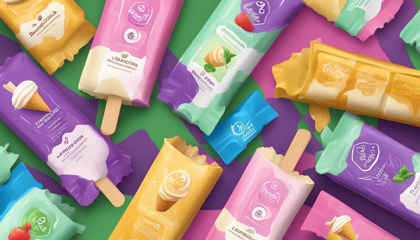 A colorful display of various flavored kulfi ice cream bars with the brand logo prominently featured