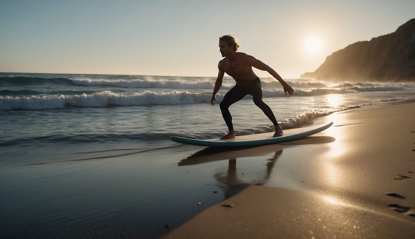 A surfer performing Pilates exercises on a beach, with a surfboard nearby and waves crashing in the background