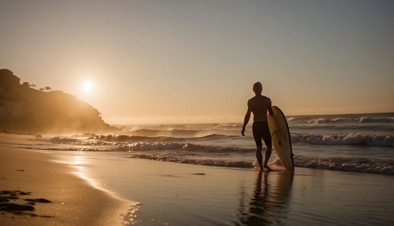 A surfer practices Pilates on a beach, with a surfboard nearby. The sun is setting, casting a warm glow over the scene
