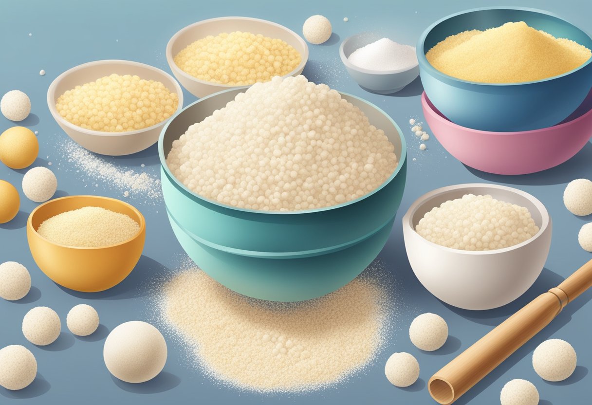 Rice flour being mixed with water, pounded into a smooth dough, shaped into small balls, and dusted with cornstarch