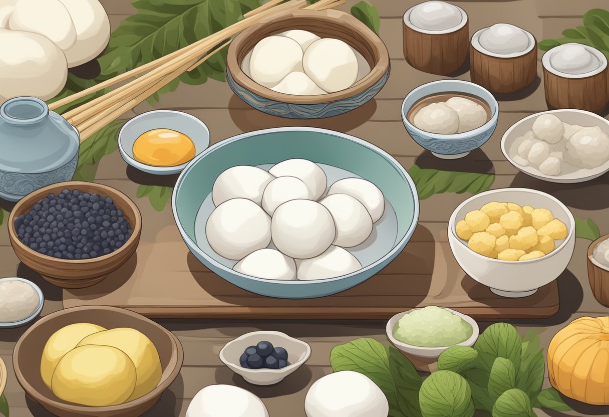 A table with various ingredients and utensils for making mochi