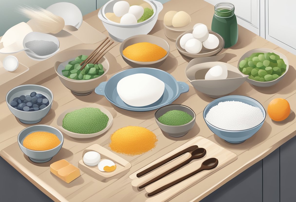 Various utensils and ingredients laid out on a clean, organized kitchen counter for making mochi