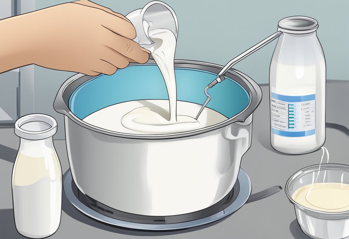 Fresh milk is being poured into a large pot. A thermometer is used to monitor the temperature as it slowly heats up. Then, a small amount of yogurt culture is added and stirred in thoroughly