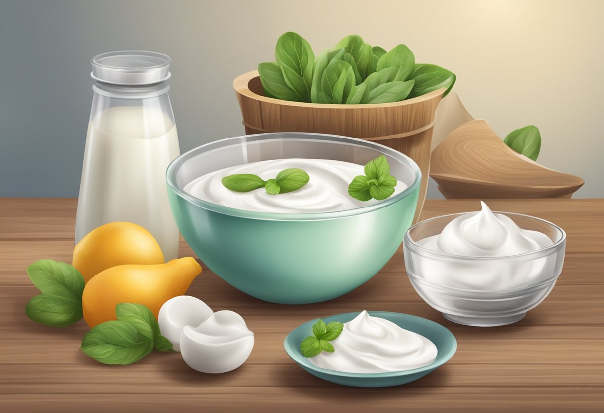 A table with ingredients and utensils for making yogurt