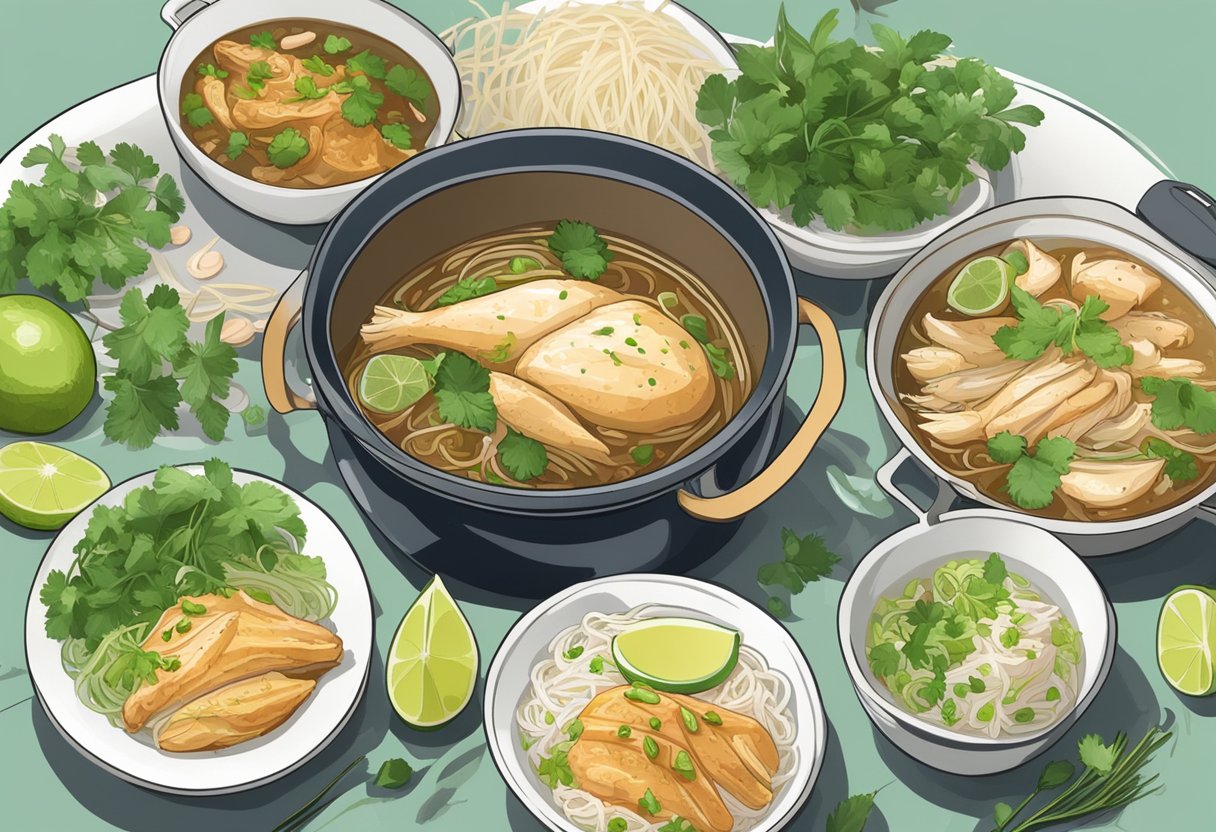 A pot simmering with aromatic broth, filled with tender chicken, rice vermicelli, and vibrant green herbs, surrounded by bowls of lime wedges, bean sprouts, and fried shallots