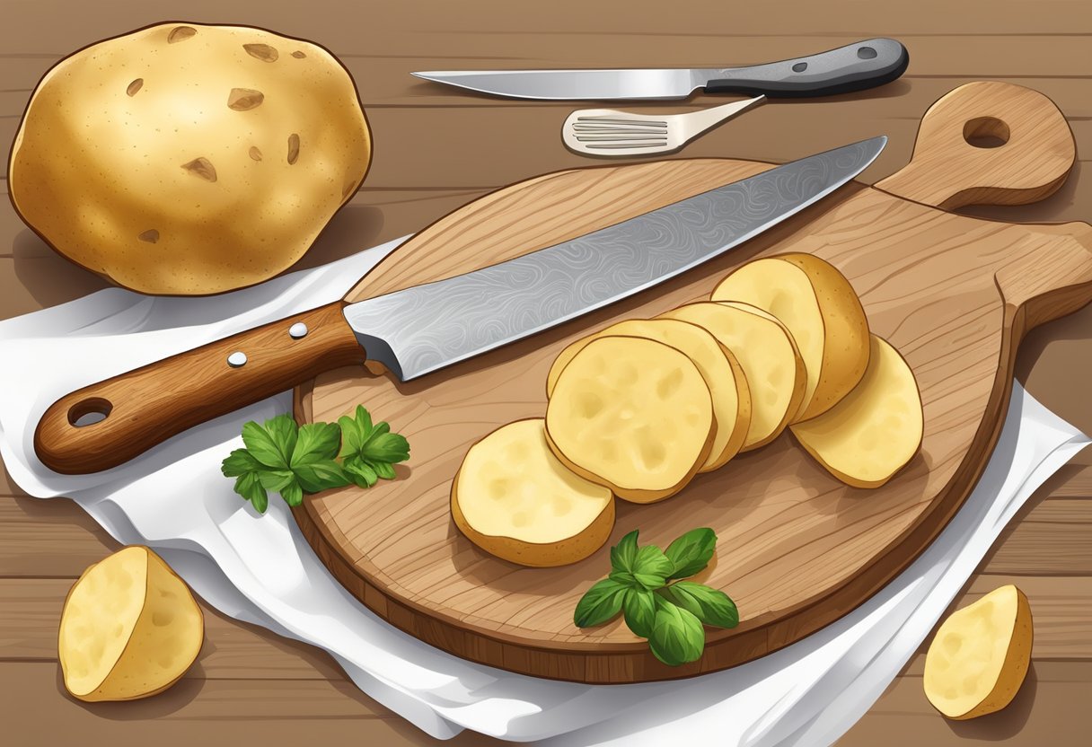 Potatoes, knife, cutting board, oil, frying pan