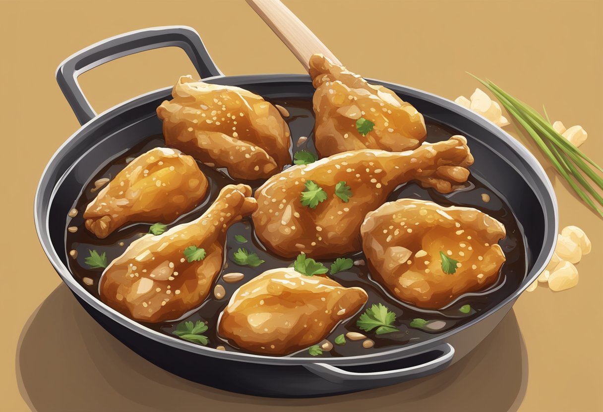 Chicken pieces simmering in a savory soy sauce, garlic, and ginger mixture, with a hint of sweetness from palm sugar