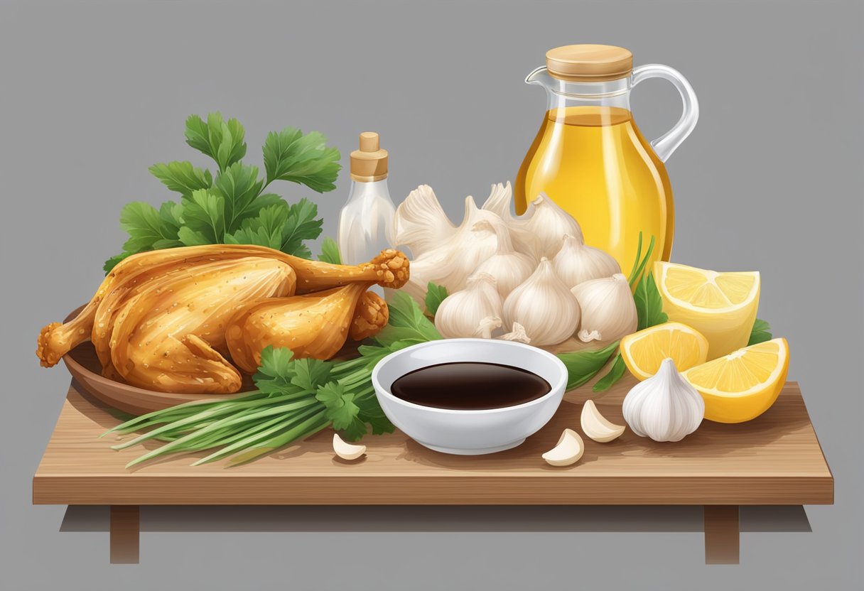 A table with ingredients: chicken, soy sauce, garlic, ginger, sugar, and cooking oil