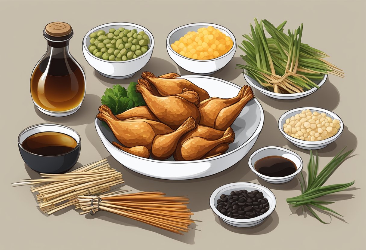 Ingredients and utensils for making soy sauce chicken