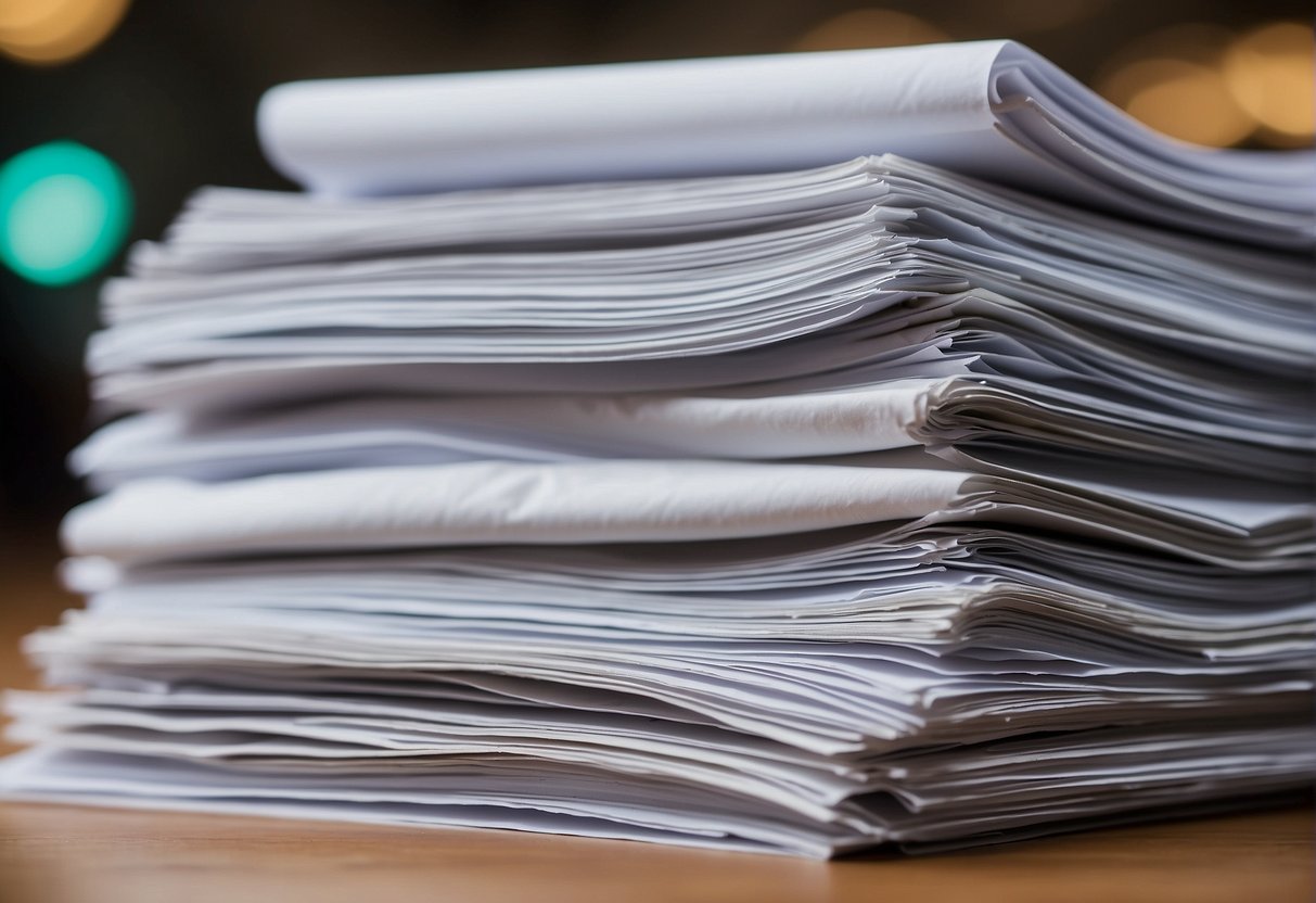 A stack of legal documents and forms for public procurement, with references and regulations highlighted