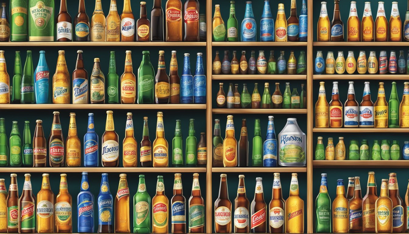 A row of lager brands displayed on a shelf, with colorful labels and varying bottle shapes