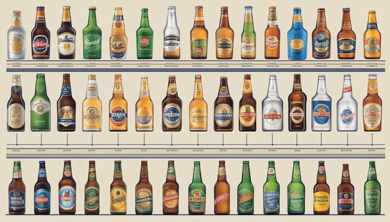 A timeline of Lager brands, from historic origins to modern variations, displayed in a chronological order with each brand's logo and key milestones