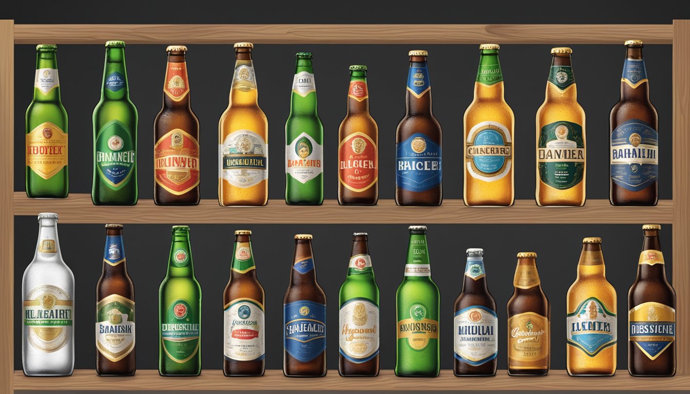A variety of lager bottles displayed on a wooden shelf, each labeled with different brand names and distinct packaging designs