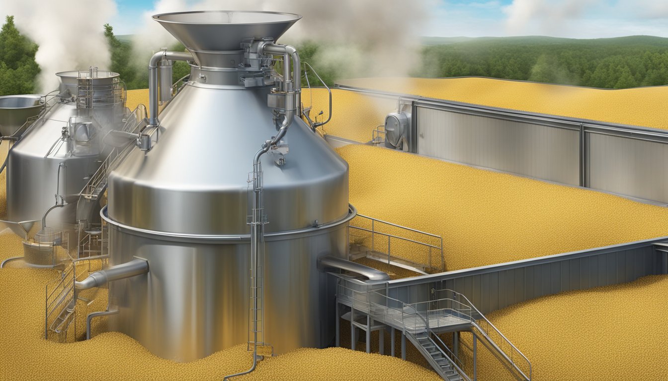 Barley, hops, and water combine in a large brewing vessel. Steam rises as the ingredients mix and heat up, creating the base for lager brands