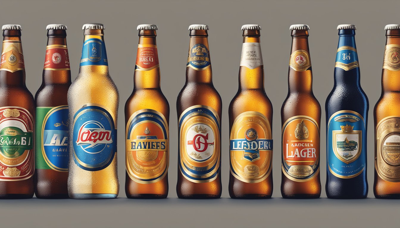 A row of iconic lager brand logos with their flagship beers displayed in front of them