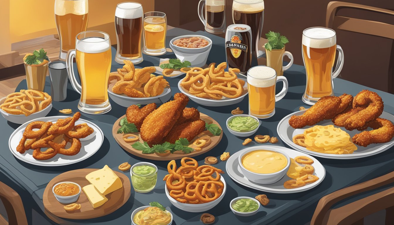 A table set with various food pairings, including cheese, pretzels, and spicy wings, next to a selection of lager brands. Glasses of lager are being poured into tall, frosty mugs