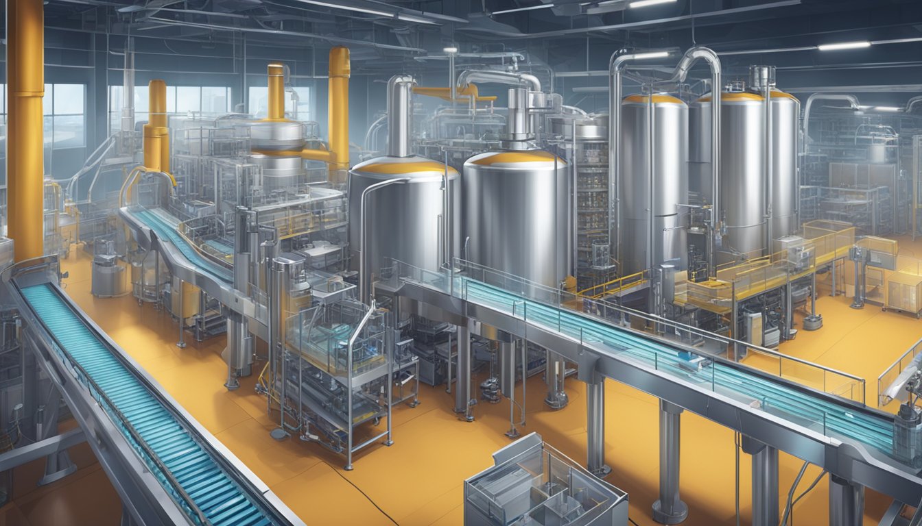 A futuristic brewery with robotic arms brewing and bottling lager. Conveyor belts transport the finished product to a sleek, automated packaging area