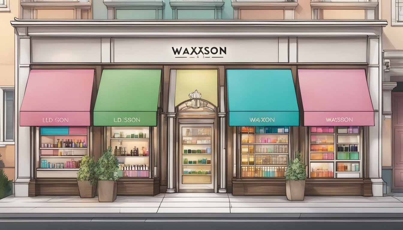 A bright, modern storefront with the "ld waxson" logo prominently displayed above the entrance, surrounded by various beauty and skincare products