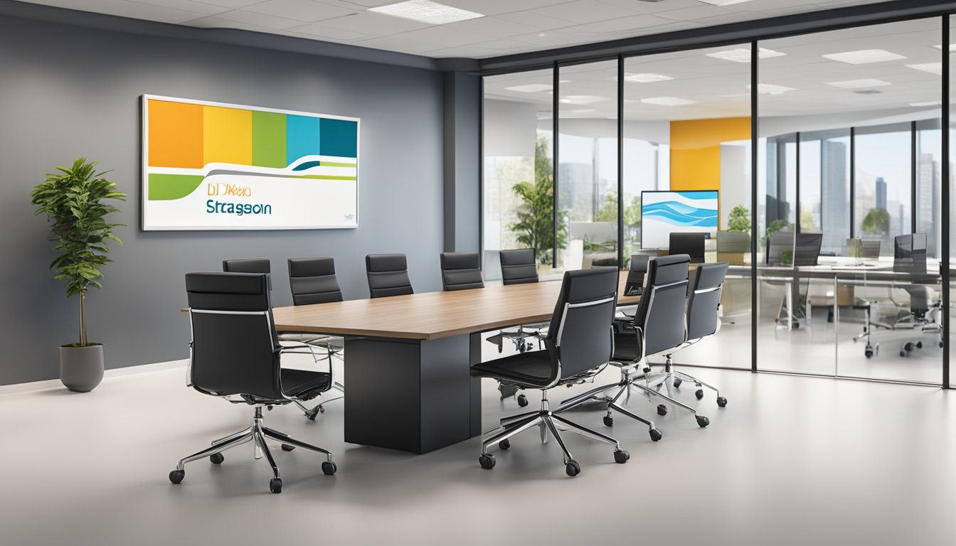 A modern office setting with a sleek conference table, branded company signage, and a wall displaying the Strategic Acquisitions ld waxson brands logo