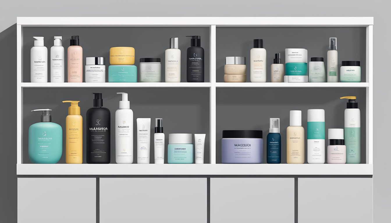 A display of LD Waxson brands, including skincare, hair care, and personal care products, arranged on a sleek, modern shelf with clean, minimalist packaging