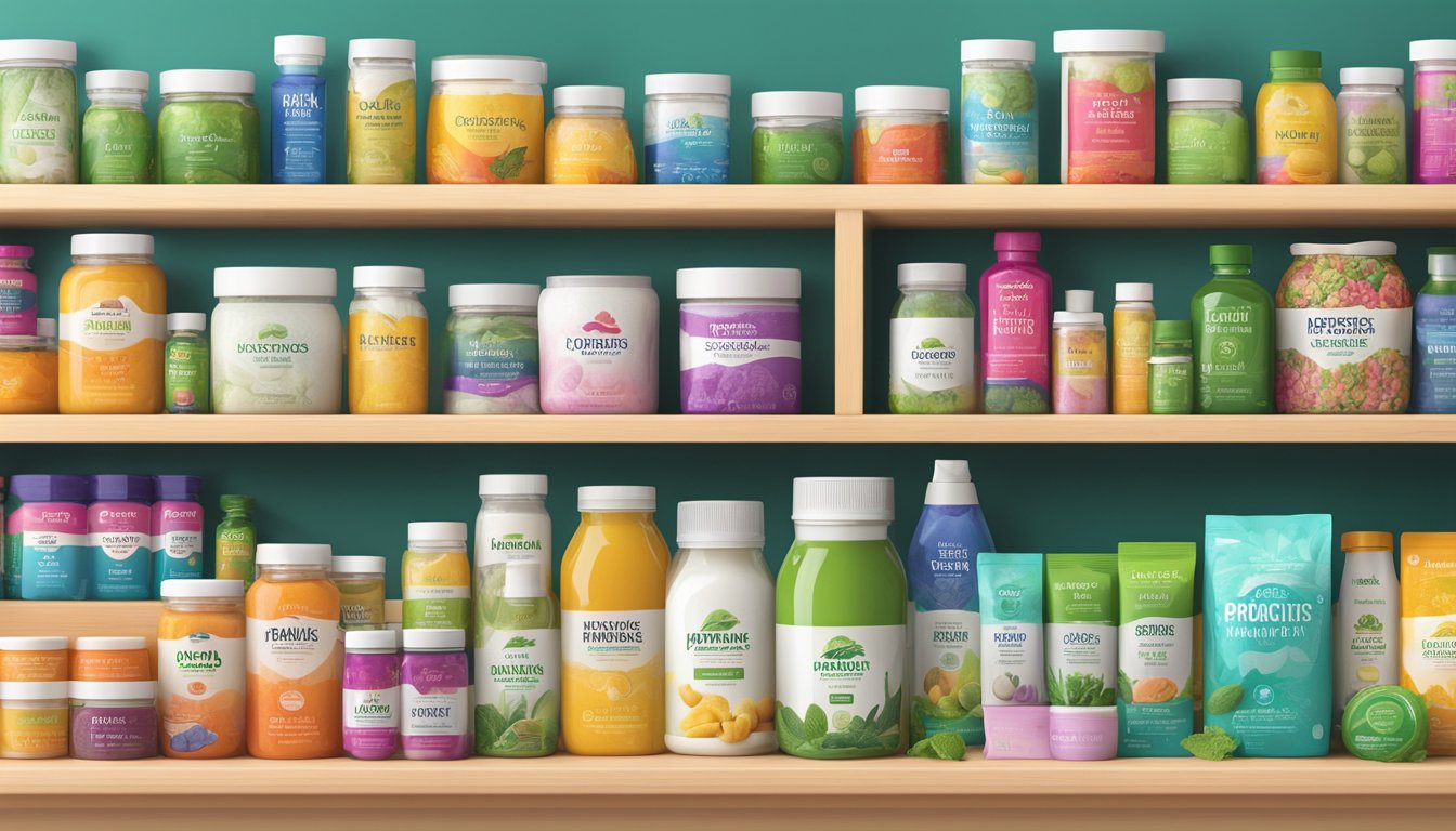 A colorful array of vibrant, organic ingredients and packaging displaying "live probiotics brands" on a clean, modern shelf