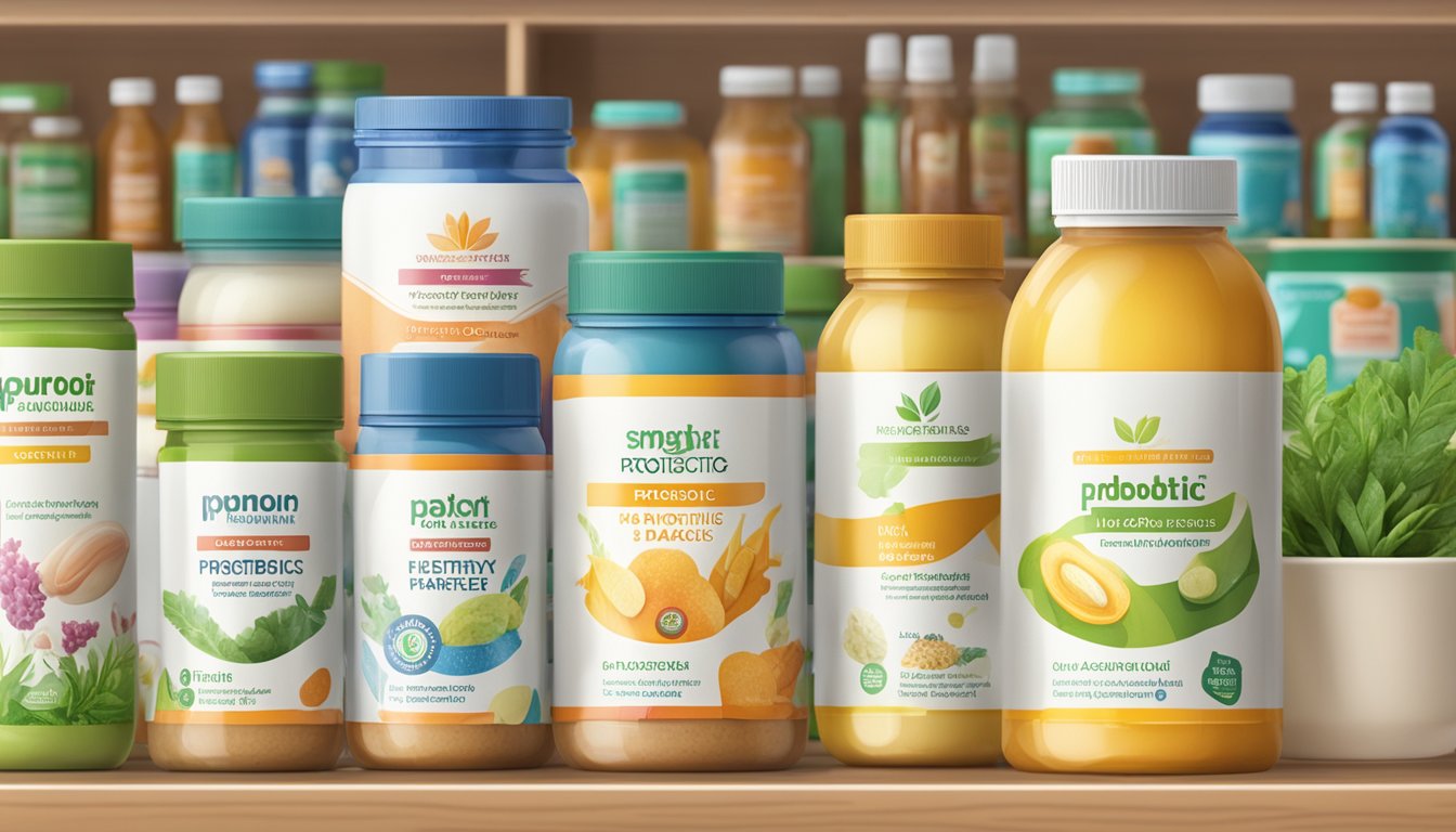 A variety of probiotic products displayed on shelves with "live probiotics" labels. Bright packaging and images of healthy gut bacteria