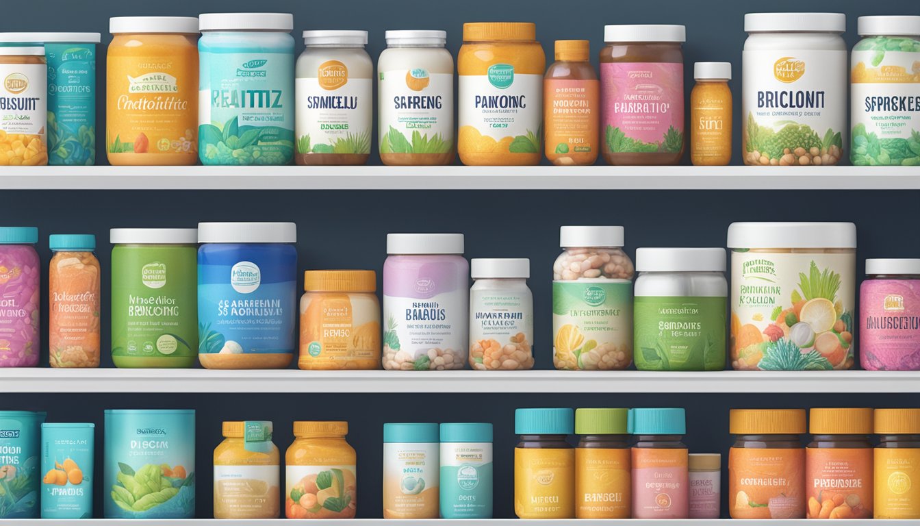 A vibrant assortment of live probiotic brands, each with its own unique packaging and labeling, displayed on a clean, modern shelf