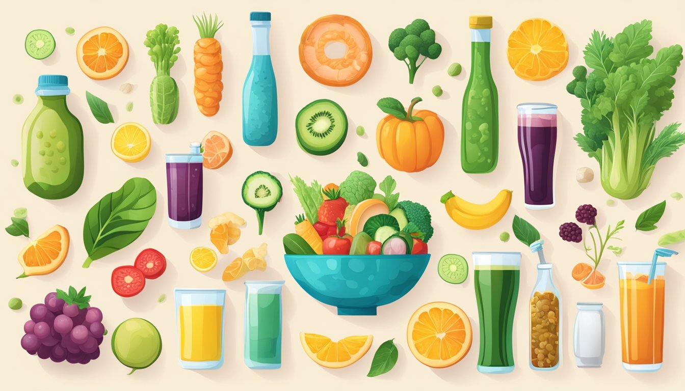 A colorful array of probiotic-rich foods and drinks, surrounded by happy, healthy digestive systems