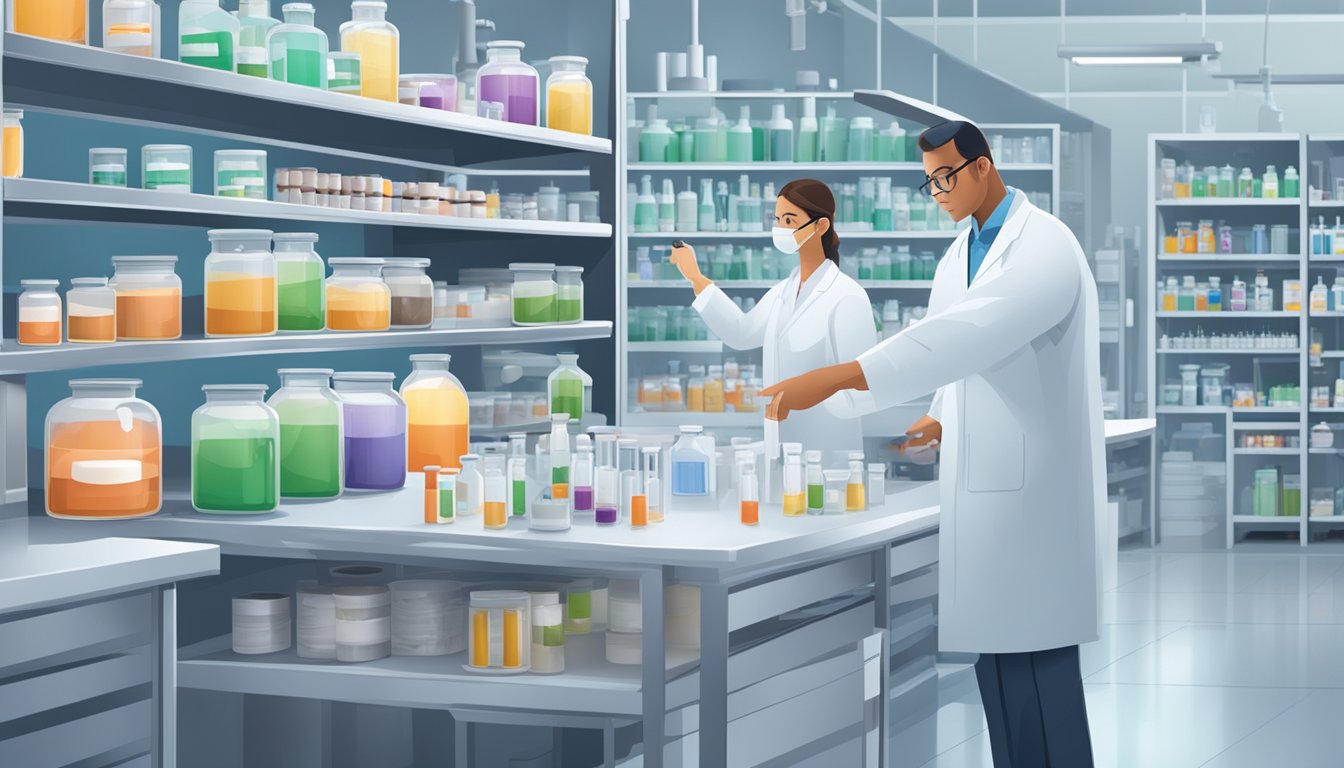 A laboratory setting with shelves of probiotic products, safety labels, and researchers conducting quality control tests