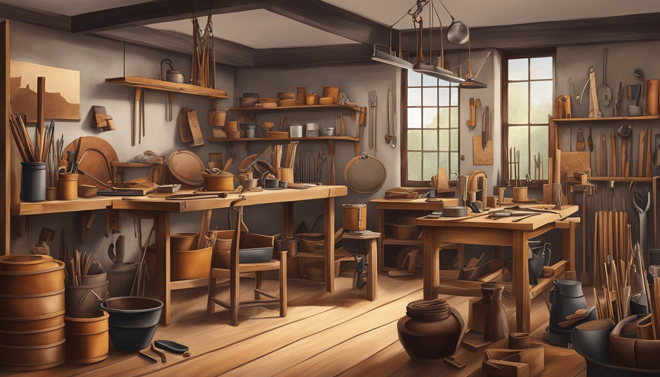 A vintage leather workshop with tools and materials, showcasing the evolution of Loewe brand identity