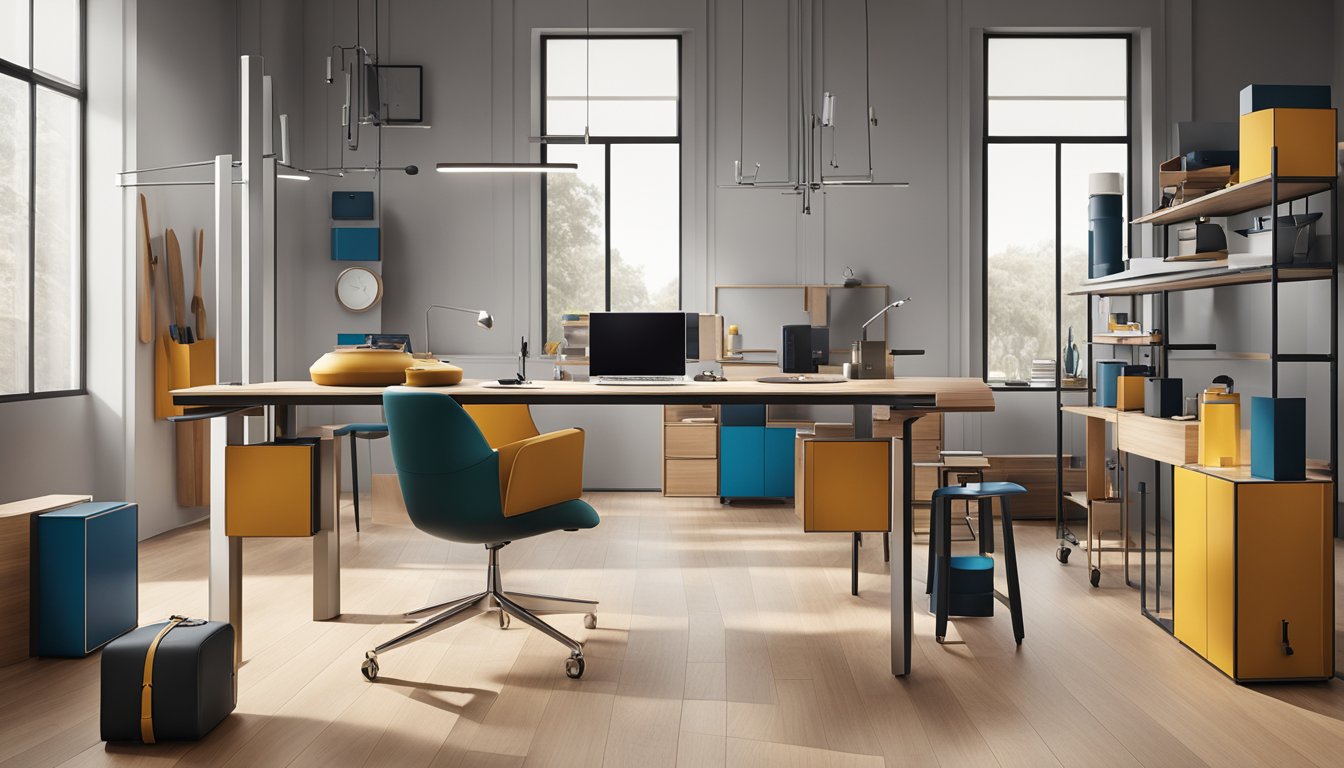 A sleek, modern workshop with precision tools and cutting-edge technology, showcasing the fusion of traditional craftsmanship and innovative design for the Loewe brand identity