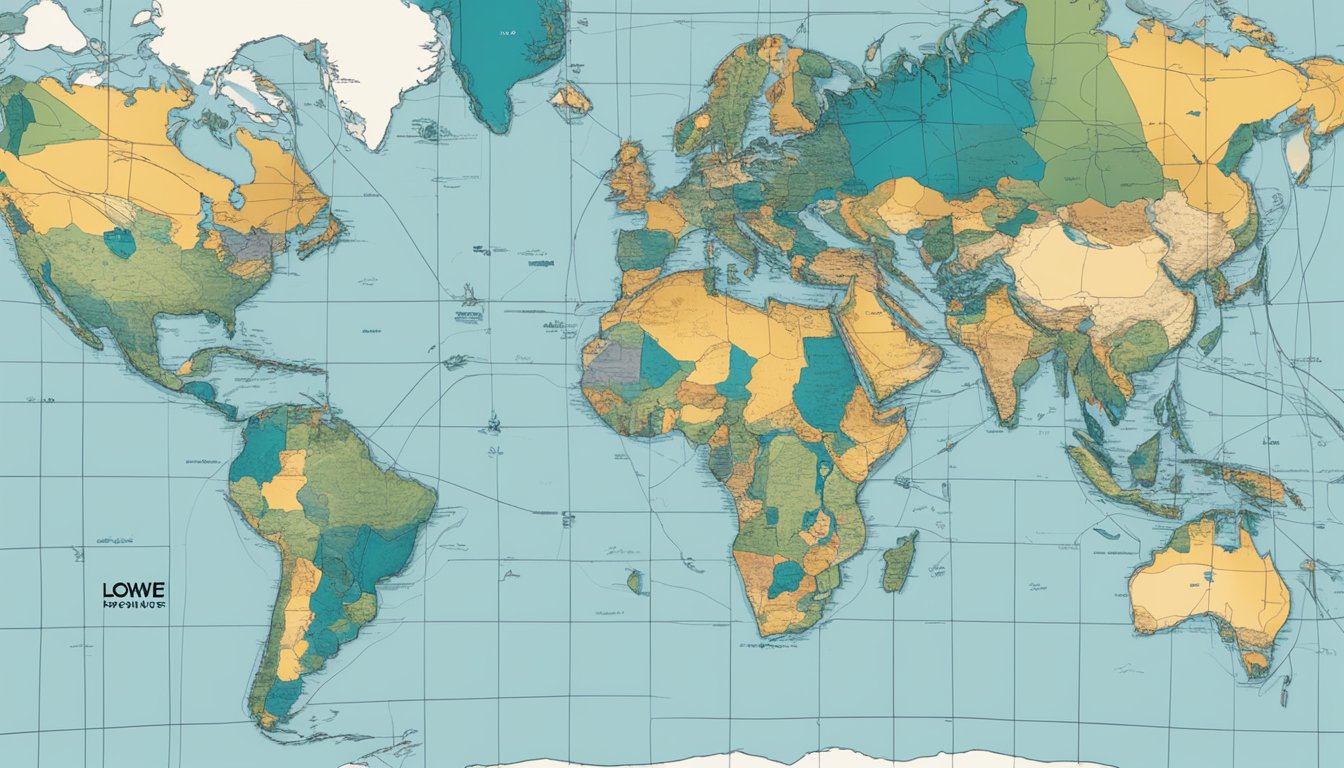 Loewe's brand identity is depicted through a global map with interconnected lines showing its marketing reach. The logo is prominently displayed, symbolizing its strong presence worldwide