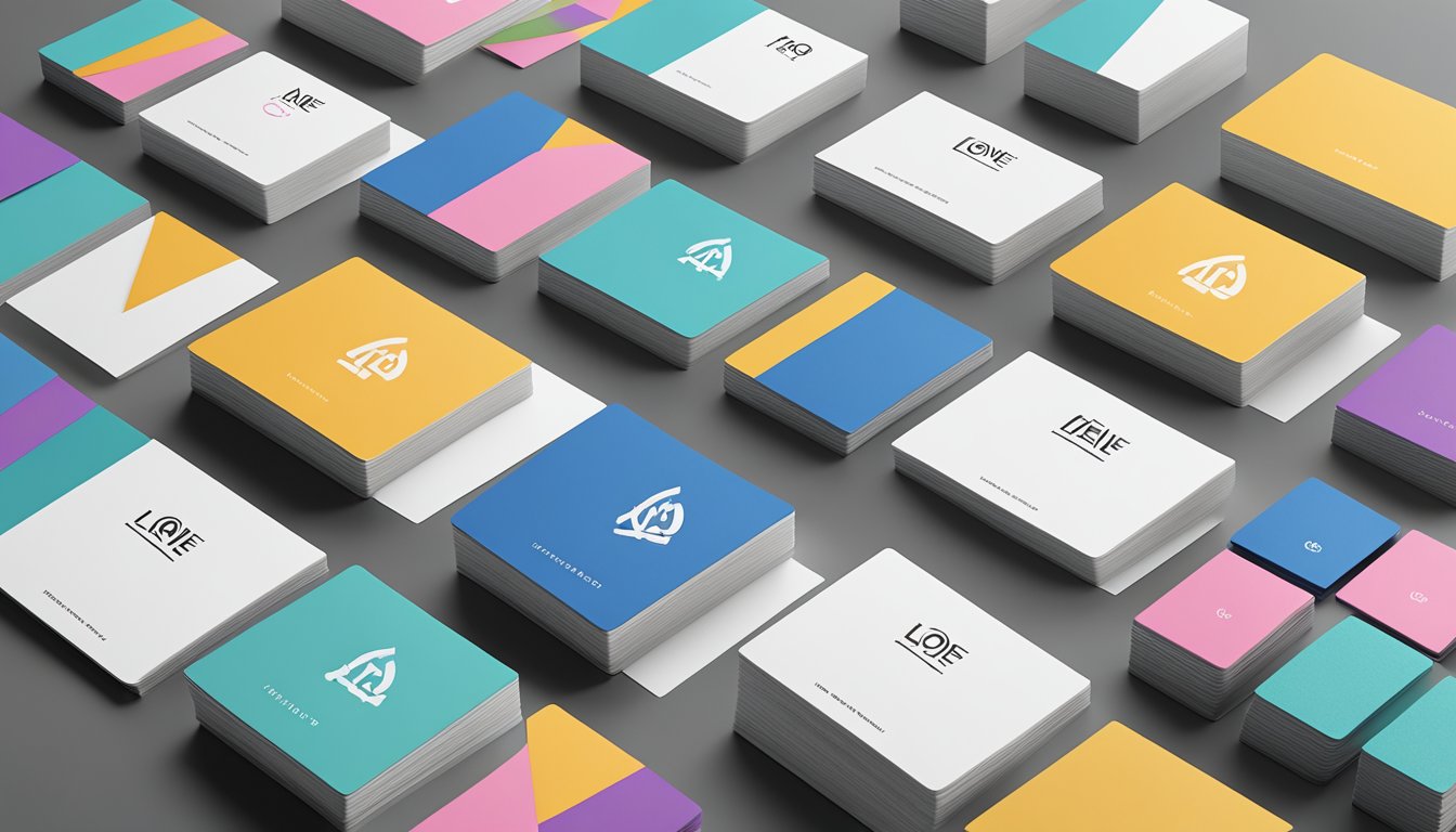 A stack of FAQ cards with the Loewe brand logo on top, surrounded by sleek and modern branding materials