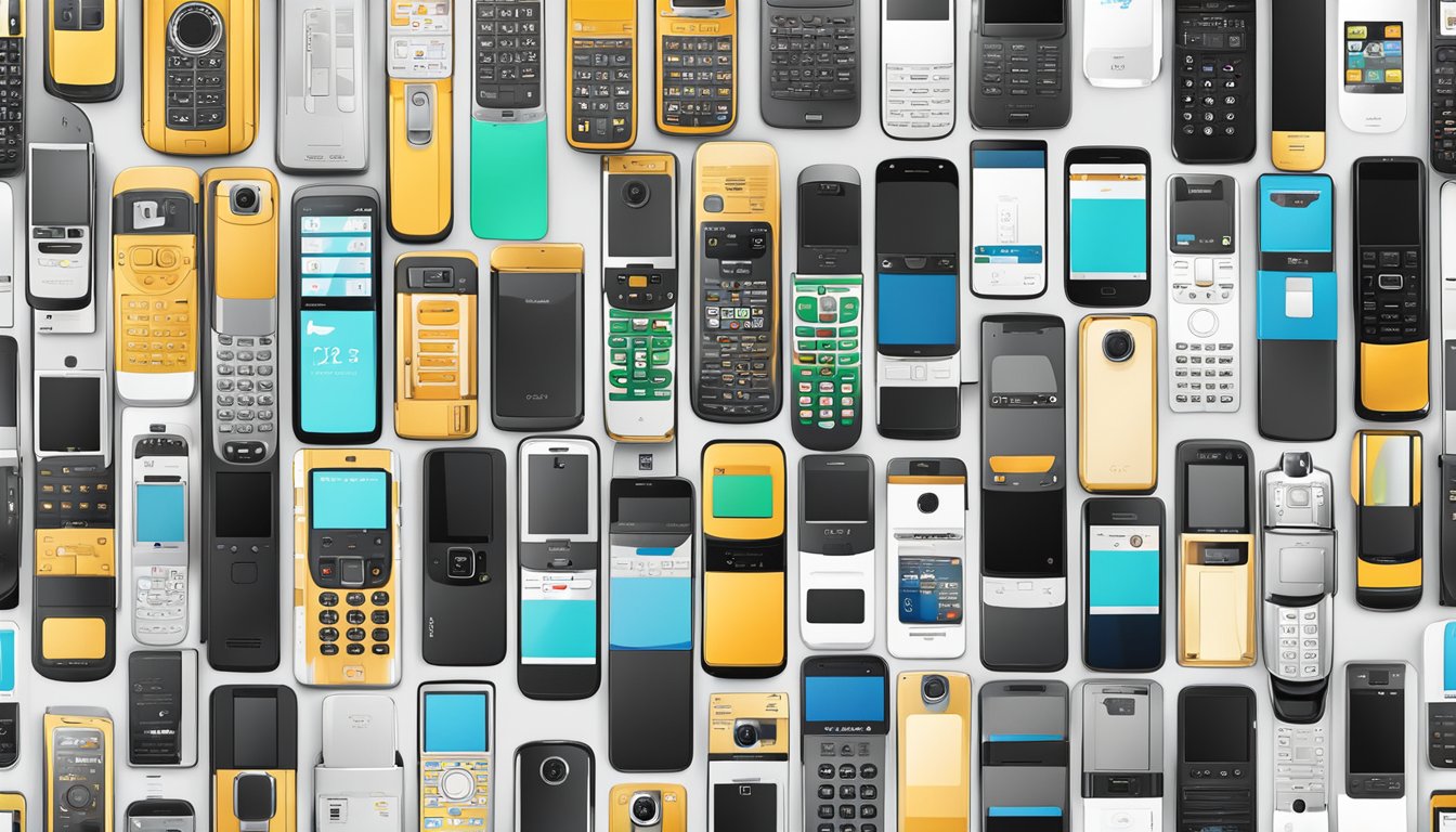 Various phone models from iconic brands line the shelves, each with a distinct logo and design. The display showcases the longevity and reliability of these well-known phone brands