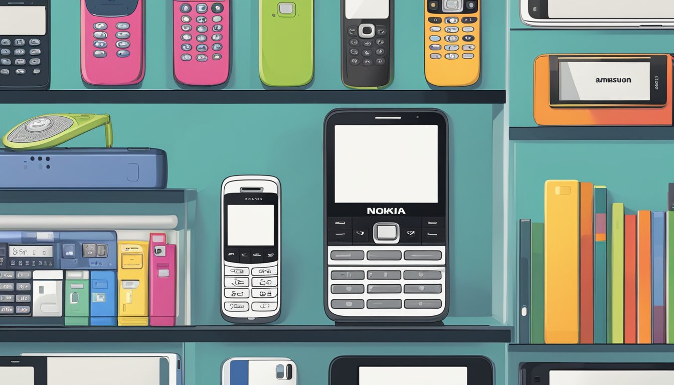 Various phone brands lined up on a shelf, including Apple, Samsung, and Nokia, with a tagline "Top Long-Lasting Phone Brands" above them