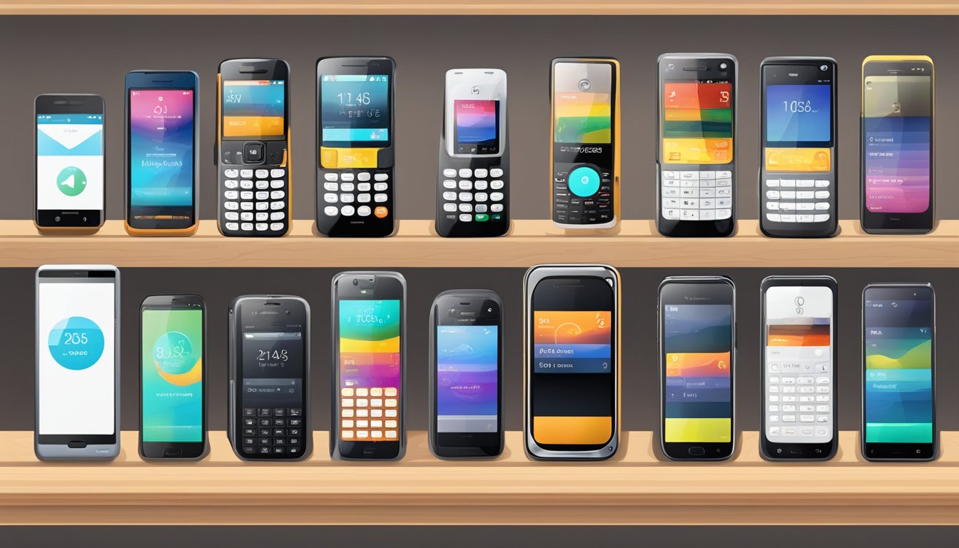 Various phone brands displayed on a shelf with price tags. Durability and cost-effectiveness emphasized